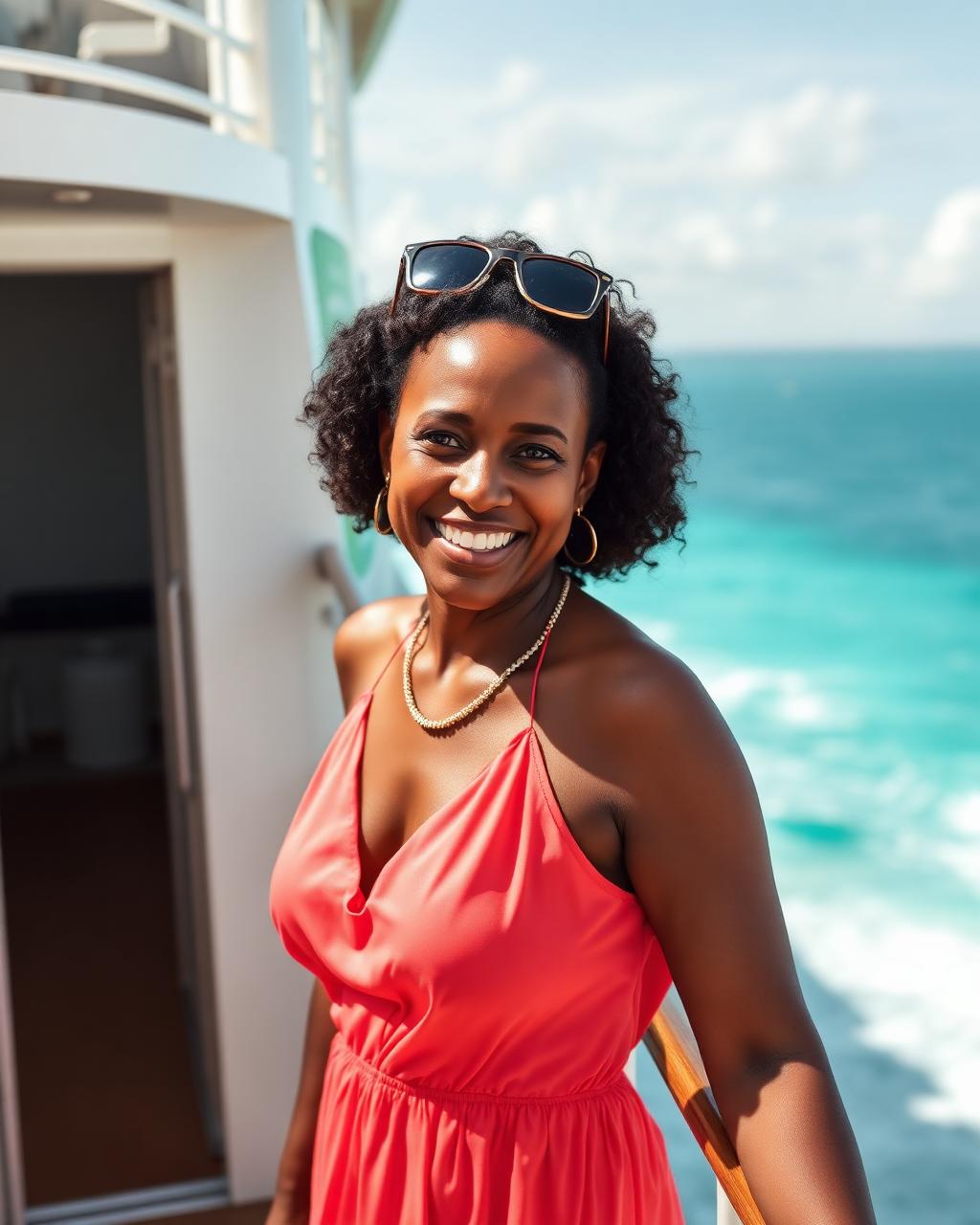 Miggy smiling on a cruise ship deck with the ocean behind her