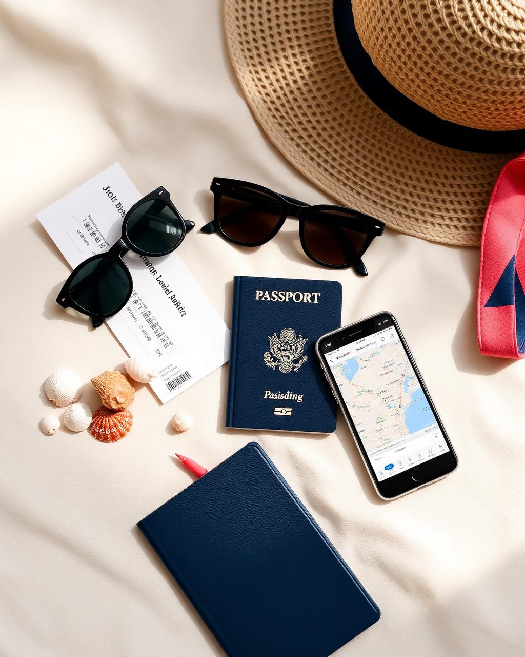 Travel planning flat lay with passport, cruise notes, sunglasses and a camera