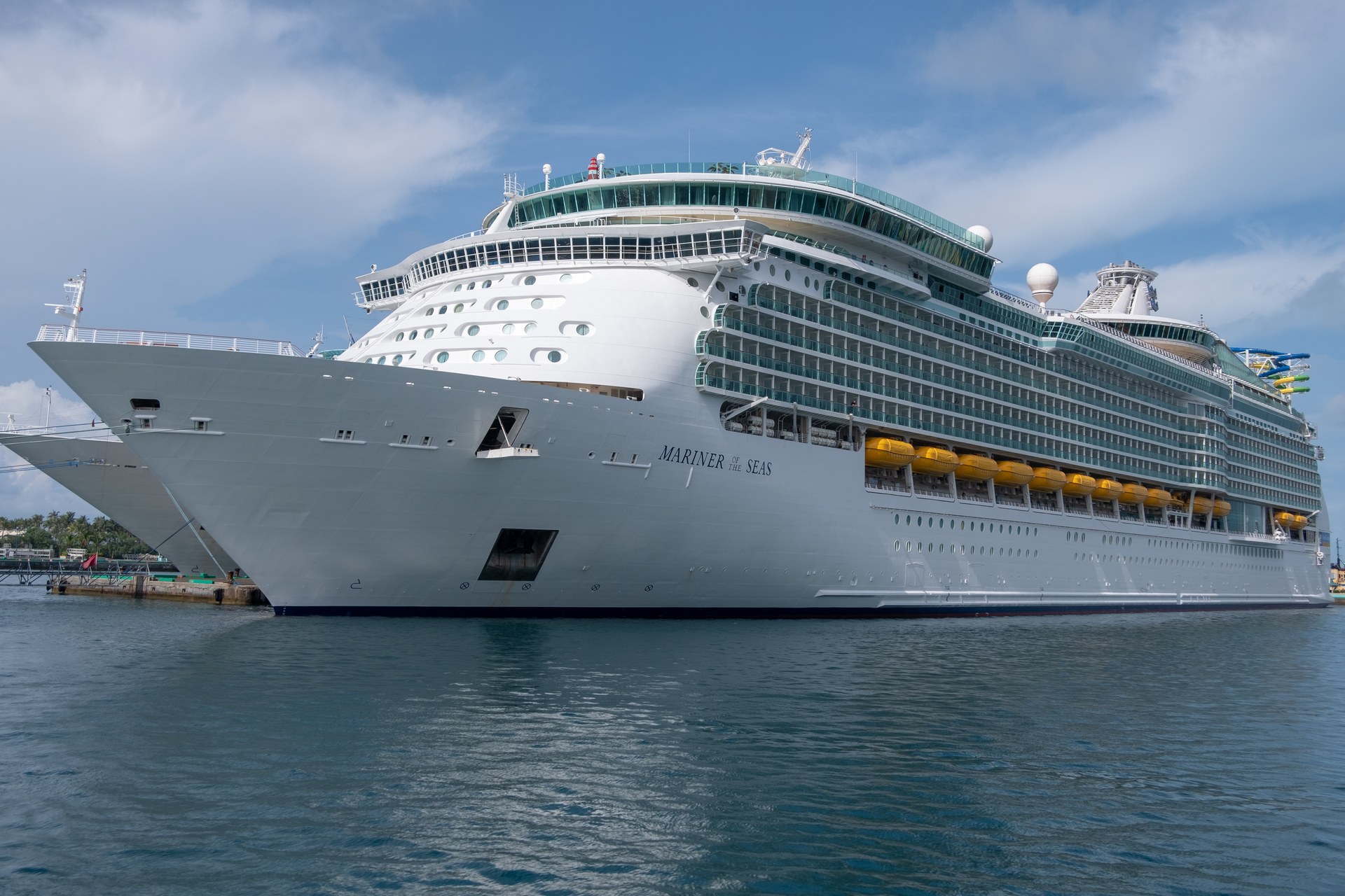 The Mariner of the Seas cruise ship docked in turquoise Caribbean waters